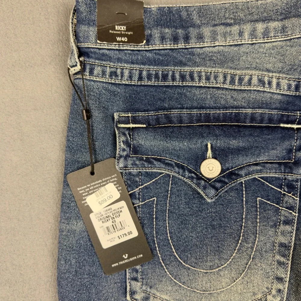 True Religion Ricky Relaxed Straight Jeans Medium Wash Blue Denim Mens 40x33 NEW